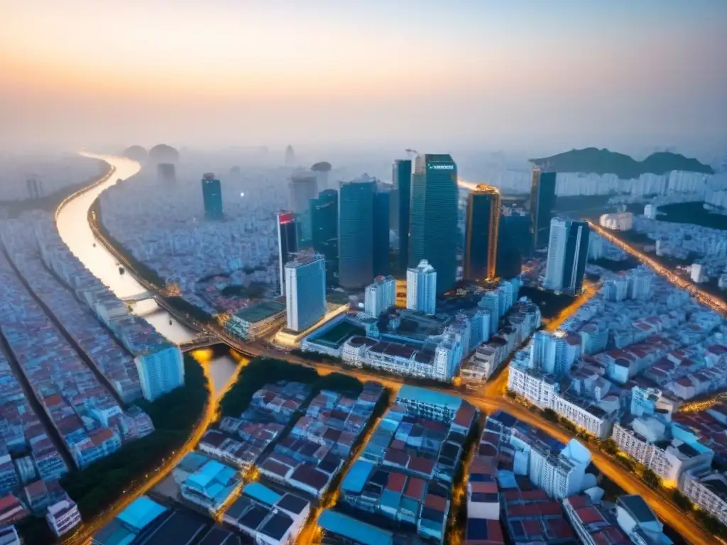 Horizonte de Ho Chi Minh al atardecer: modernidad y vitalidad urbana Atardecer radiante sobre el skyline de Ho Chi Minh City, revelando la moderna arquitectura y bulliciosas calles