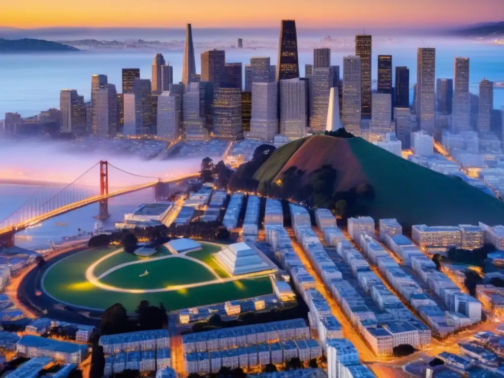 Horizonte de San Francisco: fusión arquitectónica entre pasado y futuro Atardecer en San Francisco, con el Golden Gate y rascacielos futuristas