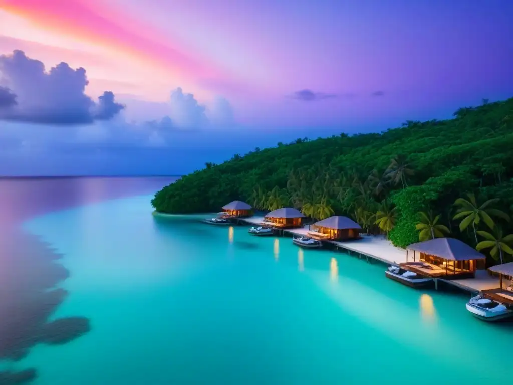 Paraíso exclusivo: resort de lujo en isla privada al atardecer Atardecer en resort de isla privada con villas sobre el agua, vegetación tropical y playa de arena blanca, yate llegando al muelle