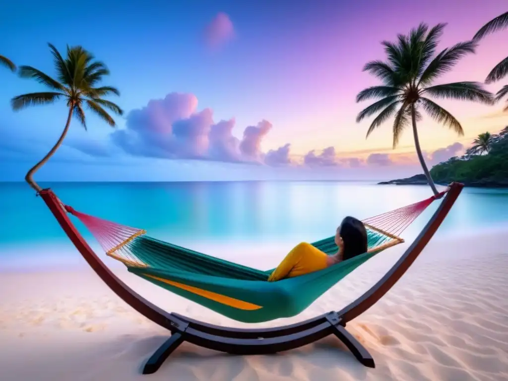 Playa paradisíaca al atardecer: relax y tranquilidad Un atardecer sereno en la playa con aguas cristalinas reflejando el cielo colorido, palmeras y una hamaca, transmite relajación y tranquilidad