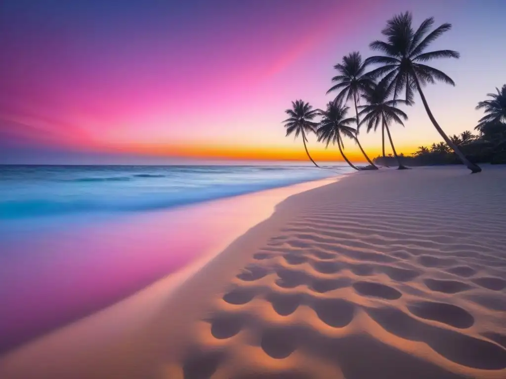 Paraíso tropical: atardecer sereno en playa paradisíaca Un atardecer sereno en la playa con palmeras en silueta contra el cielo naranja y rosa, reflejándose en el mar tranquilo