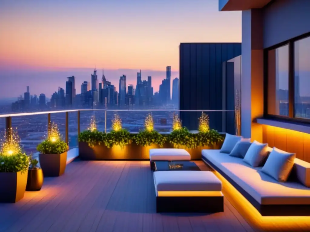 Terraza de lujo con vista a la ciudad al atardecer Atardecer en terraza lujosa con vista a la ciudad, perfecta para inversiones inmobiliarias a largo plazo