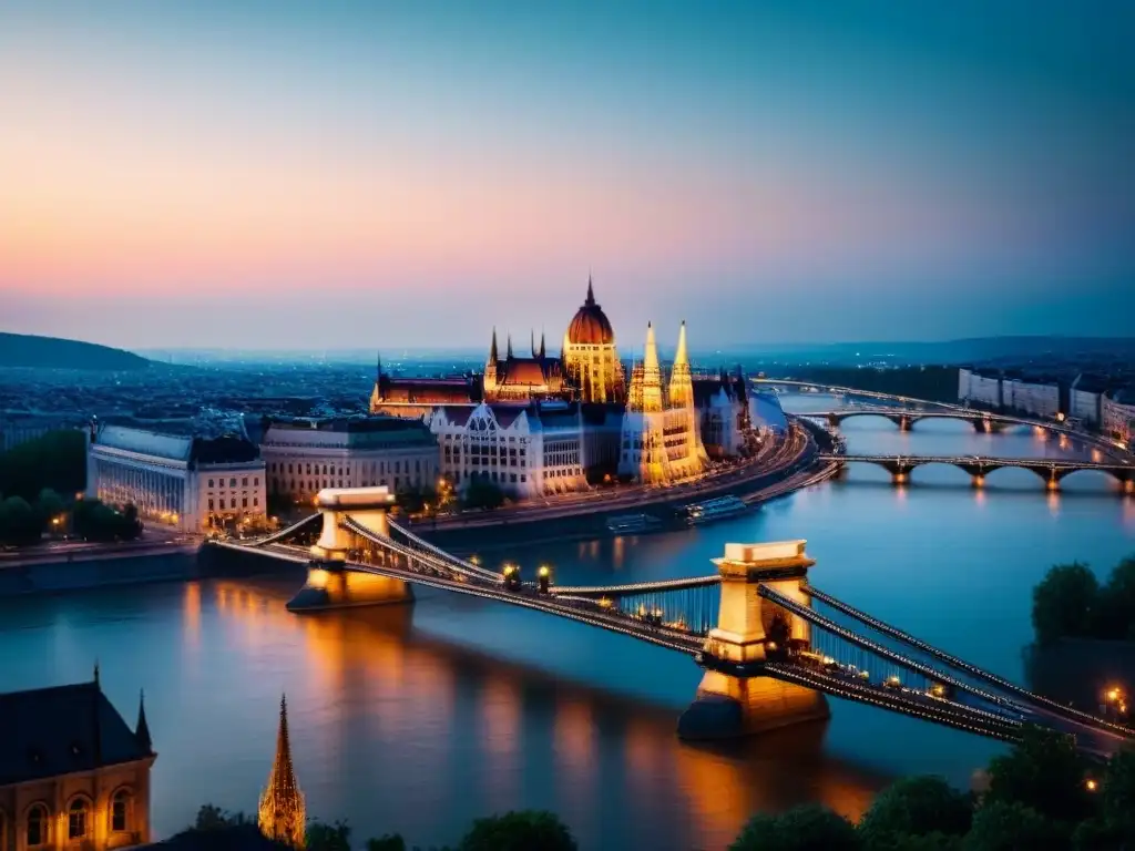 Espléndida vista aérea del skyline de Budapest al atardecer Atardecer en Budapest: mezcla única de arquitectura histórica y moderna a lo largo del río Danubio