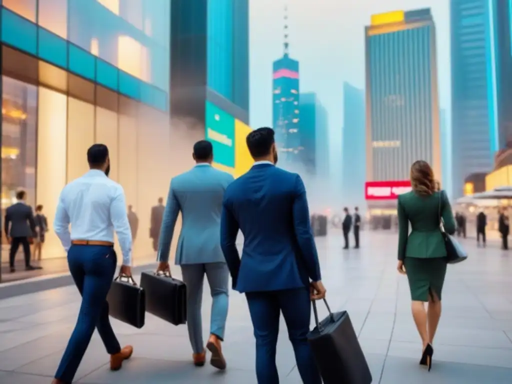 Metrópolis vibrante: luces y negocios al atardecer Atardecer urbano vibrante con rascacielos iluminados y profesionales en movimiento