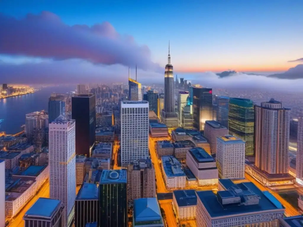 Horizonte urbano al atardecer: luces y modernidad Un atardecer vibrante en una ciudad cosmopolita con rascacielos modernos e históricos iluminados