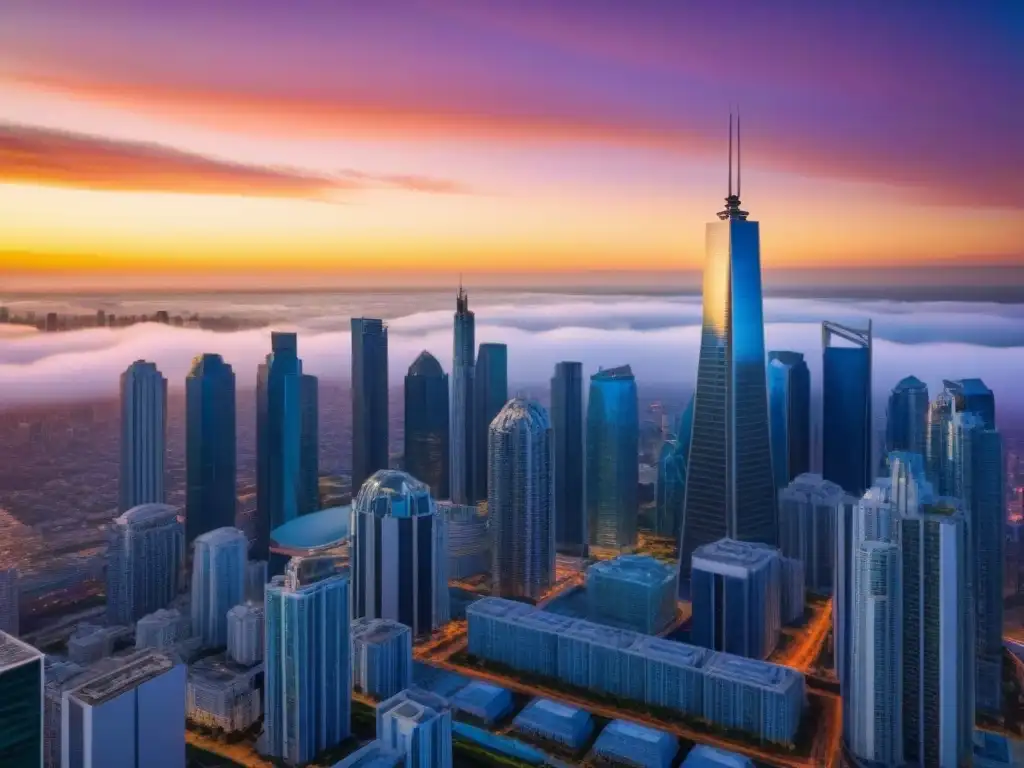 Horizonte vibrante: mercado inmobiliario emergente en crecimiento Atardecer vibrante en una ciudad emergente de inversiones inmobiliarias internacionales