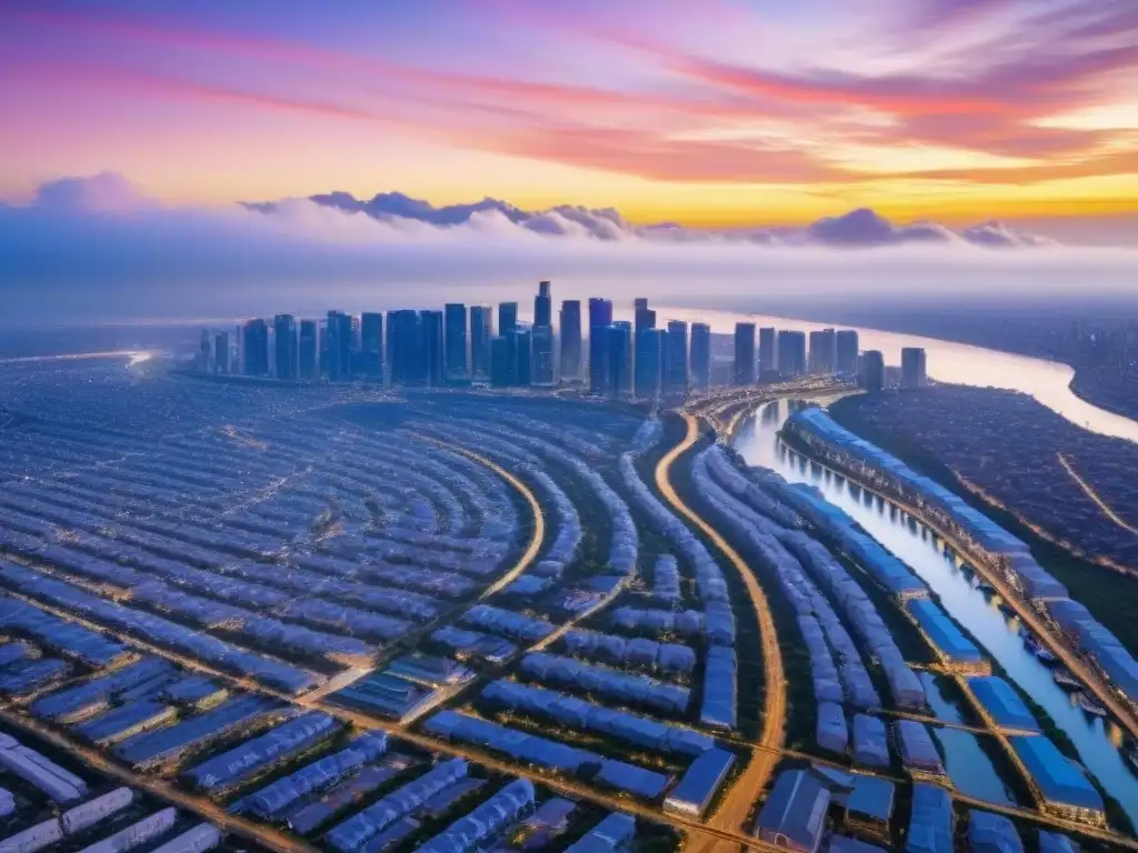 Vista aérea de ciudad fronteriza en crecimiento al atardecer Atardecer vibrante en ciudad fronteriza con río y mercado inmobiliario internacional