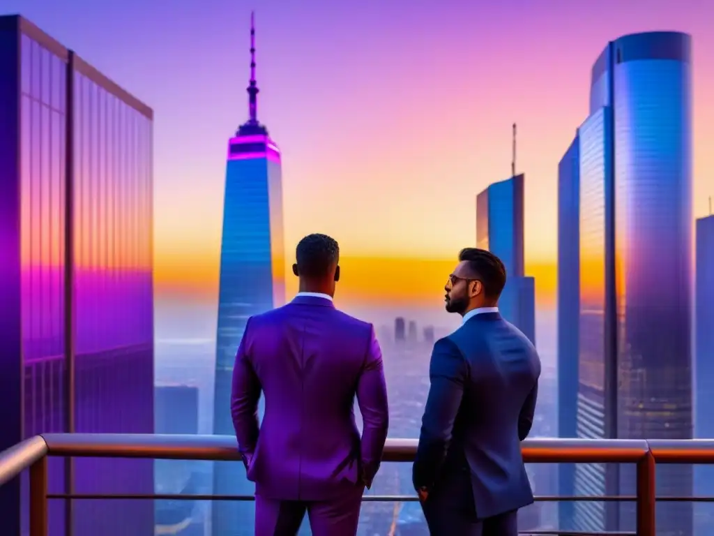 Metrópolis futurista al atardecer: negocios y luces neón Un atardecer vibrante en la ciudad futurista, reflejando rascacielos iluminados con luces neón y gente de negocios