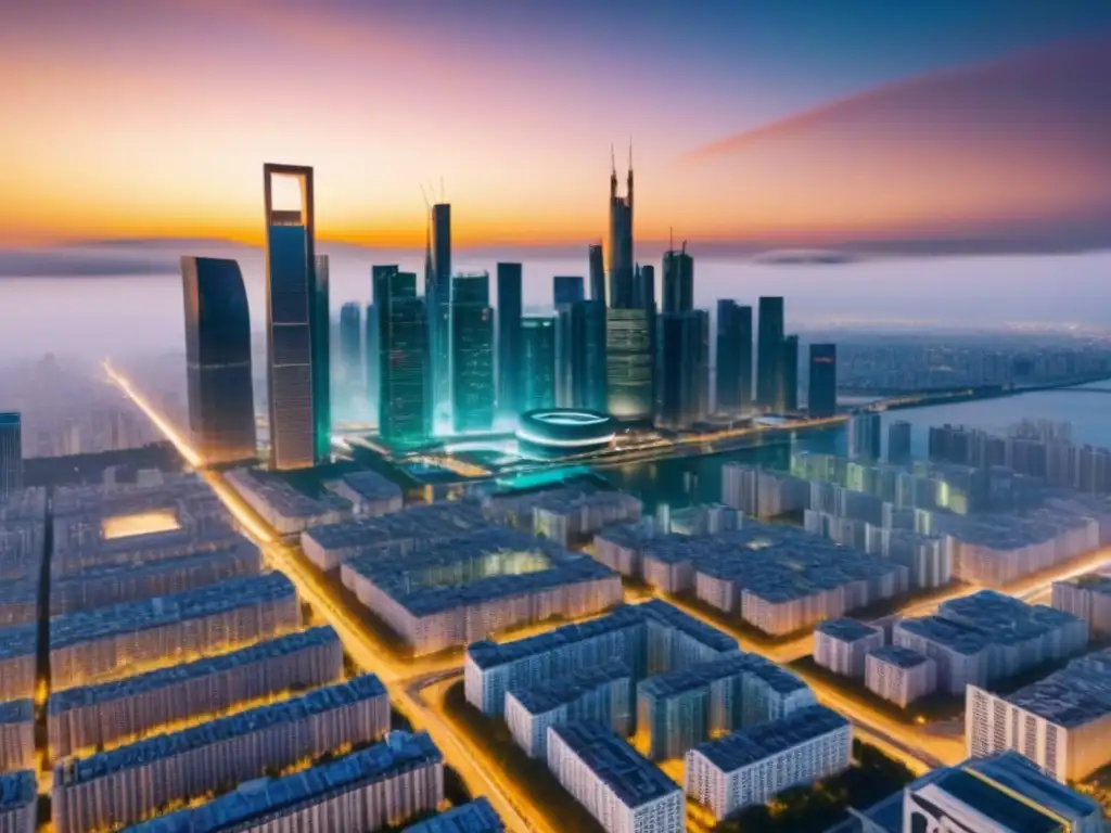 Skyline futurista: innovación y sostenibilidad en la ciudad del mañana Un atardecer vibrante ilumina una ciudad futurista con arquitectura verde y rascacielos modernos