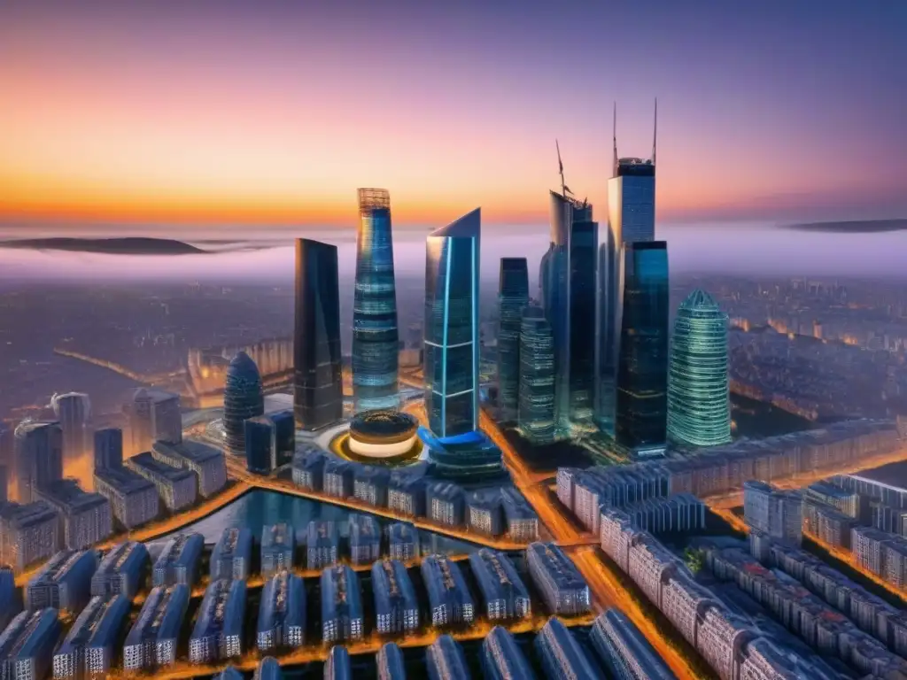 Metrópolis futurista al atardecer: progreso urbano y Brexit Un atardecer vibrante ilumina una ciudad futurista con impacto del brexit en construcción