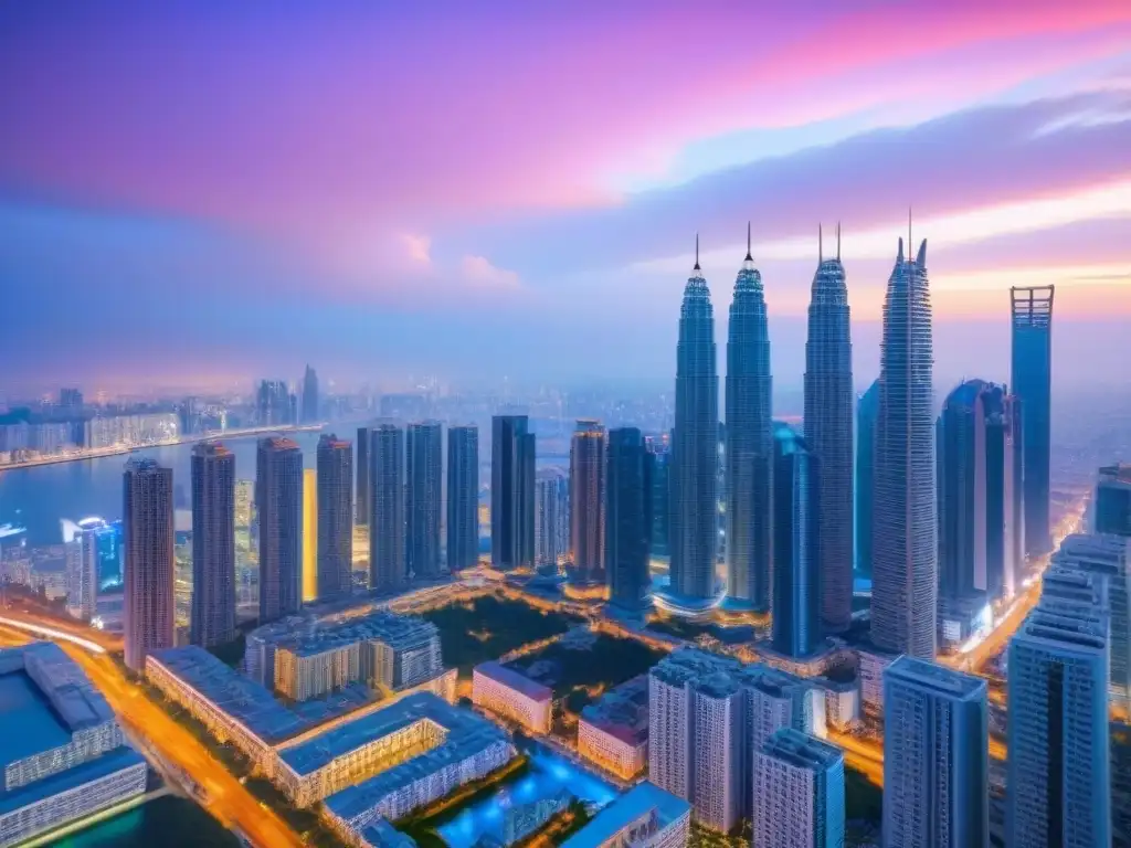 Horizonte futurista y vibrante: gestión global de tiempos compartidos Un atardecer vibrante en una ciudad futurista con rascacielos iluminados y tecnología de gestión tiempos compartidos internacionales