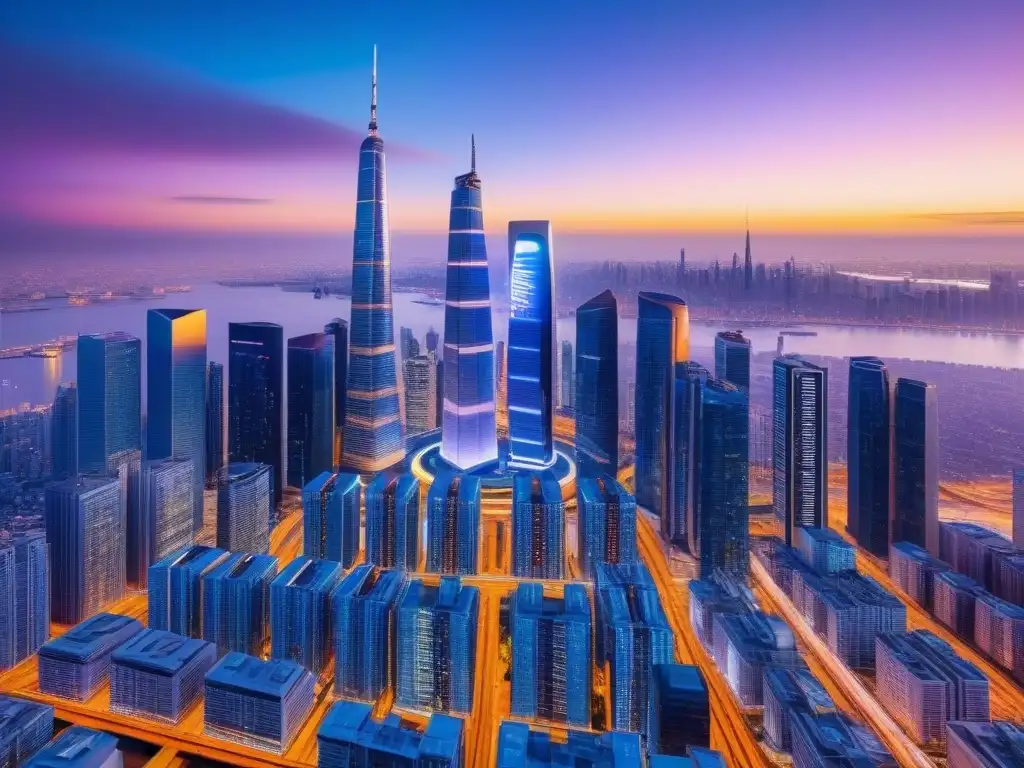 Metrópolis futurista: Skyscrapers digitales en atardecer vibrante Un atardecer vibrante en una ciudad futurista llena de rascacielos y tecnología, ideal para Invertir en PropTech internacional