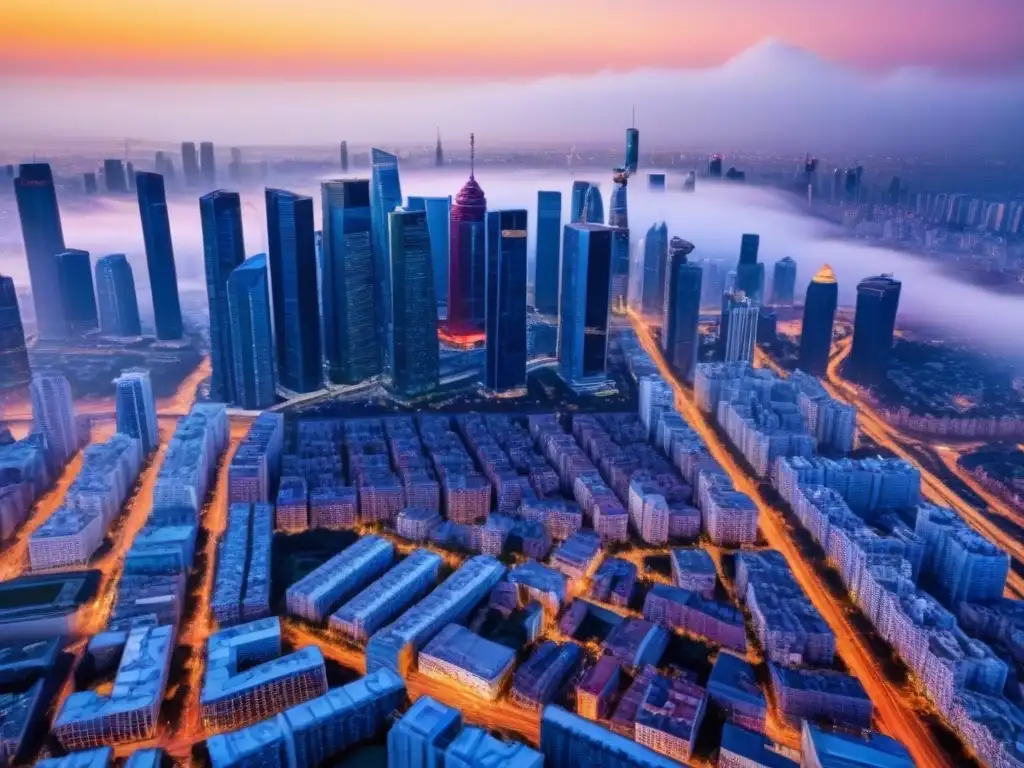 Metrópolis global al atardecer: impactante ciudad internacional en 8k Un atardecer vibrante en una ciudad internacional, reflejo de influencias internacionales mercado inmobiliario
