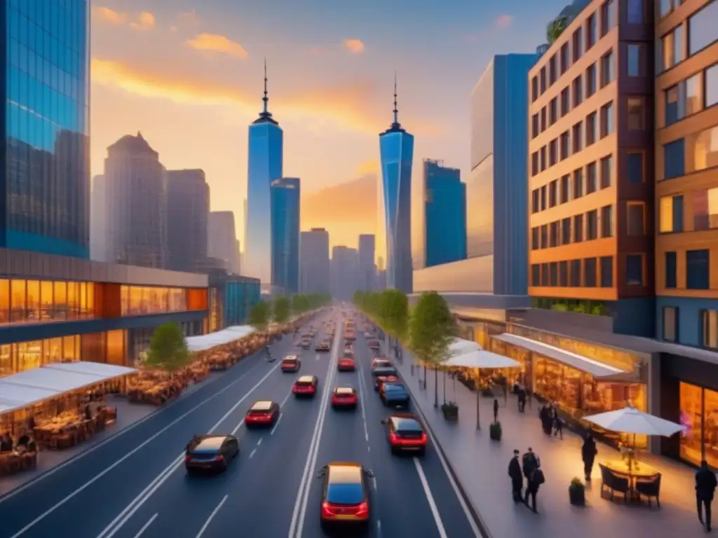 Paisaje urbano dinámico al atardecer: arquitectura moderna y actividad humana en armonía Un atardecer vibrante en una ciudad moderna con rascacielos y arquitectura futurista