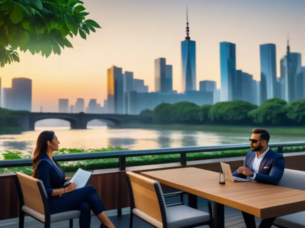 Negociaciones internacionales en una ciudad moderna y dinámica Un atardecer vibrante sobre una ciudad moderna con rascacielos, rodeada de naturaleza, donde profesionales negocian en un café al aire libre
