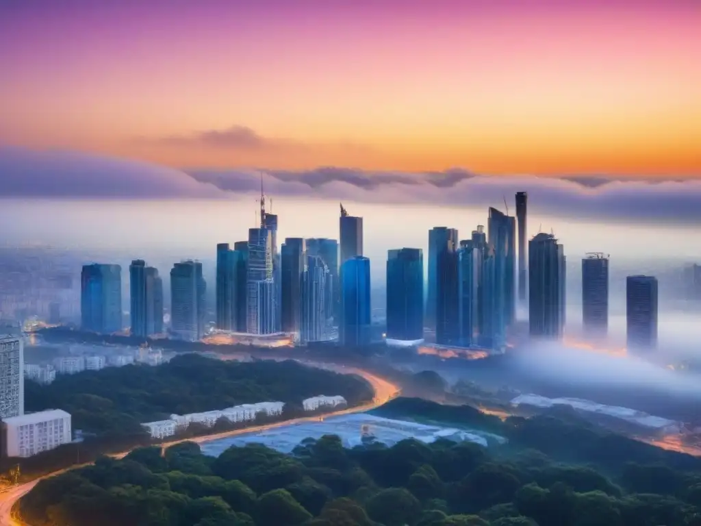 Horizonte urbano moderno al atardecer: oportunidades de inversión inmobiliaria 'Atardecer vibrante en la ciudad moderna con rascacielos reflejando tonos cálidos, simbolizando crecimiento y oportunidad en inversiones inmobiliarias