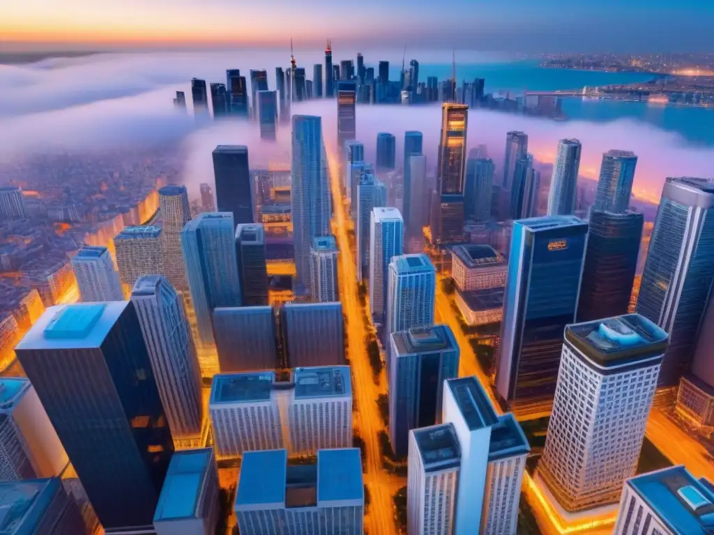 Metrópolis vibrante: luces, sombras y hashtags en el atardecer Un atardecer vibrante en la ciudad moderna, reflejando progreso e innovación con uso estratégico hashtags bienes raíces