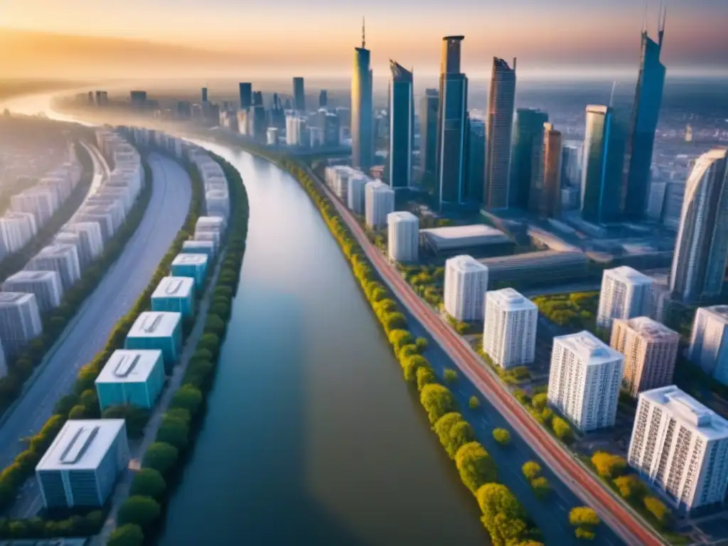 Metrópolis vibrante: atardecer en la ciudad moderna junto al río Un atardecer vibrante sobre una ciudad moderna, reflejando la energía de Inversiones inmobiliarias internacionales Franja Ruta