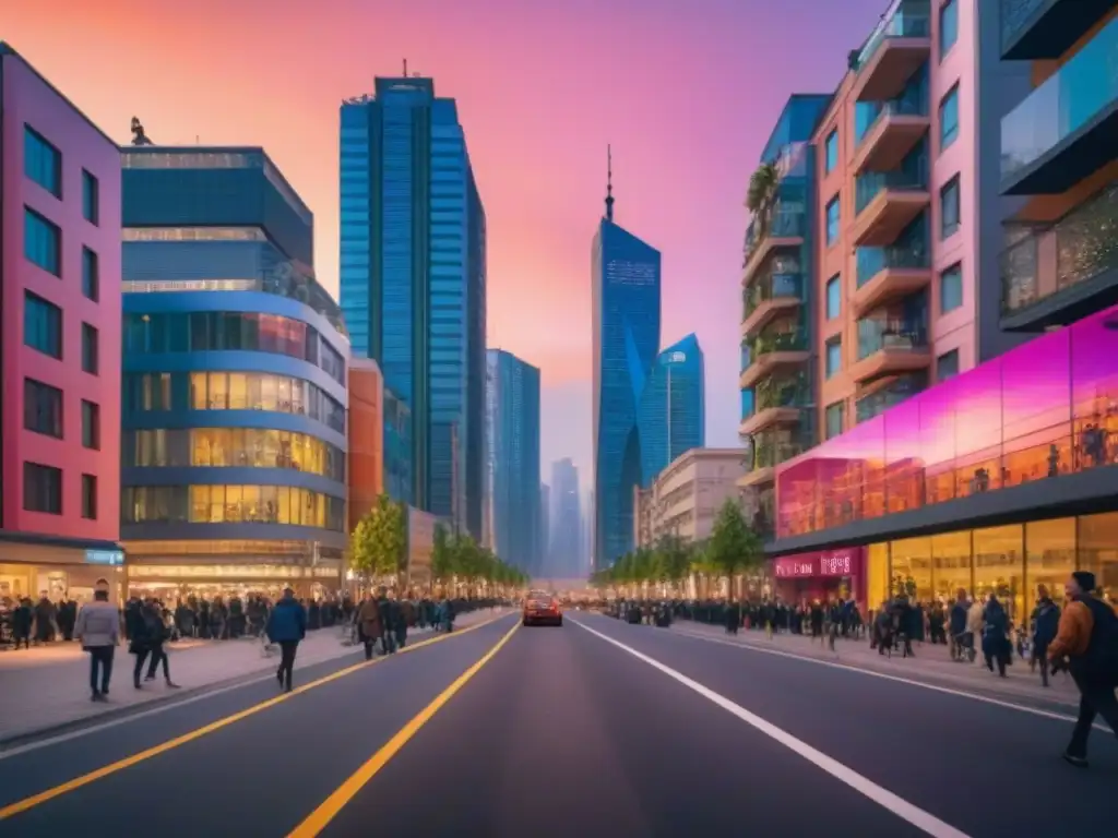 Paisaje urbano moderno al atardecer con contrastes vibrantes Un atardecer vibrante en una ciudad moderna con rascacielos y edificios coloridos, reflejando la vida urbana y la tranquilidad de un parque