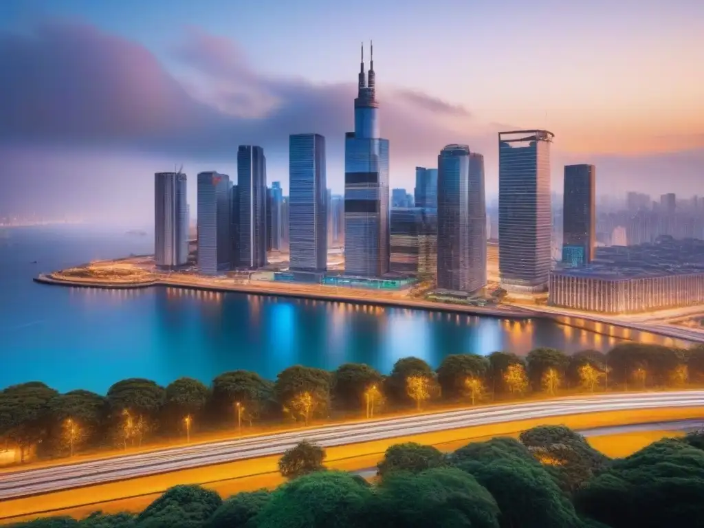 Inversión inmobiliaria global: ciudad moderna en crecimiento Un atardecer vibrante en una ciudad moderna, con rascacielos iluminados y una calle bulliciosa llena de gente diversa