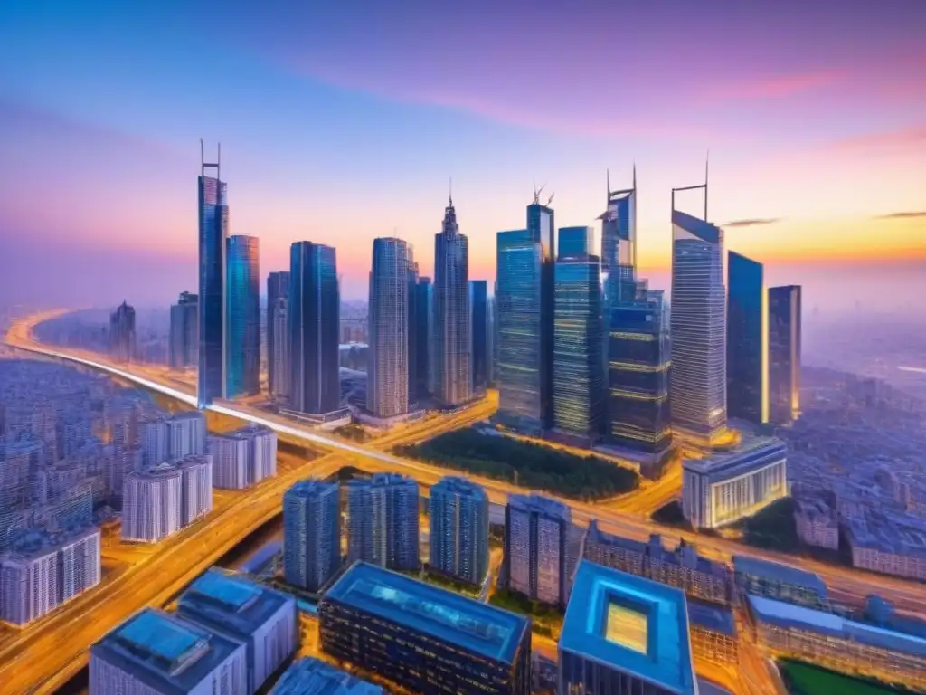 Un atardecer vibrante en la ciudad: rascacielos iluminados, calles llenas de vida