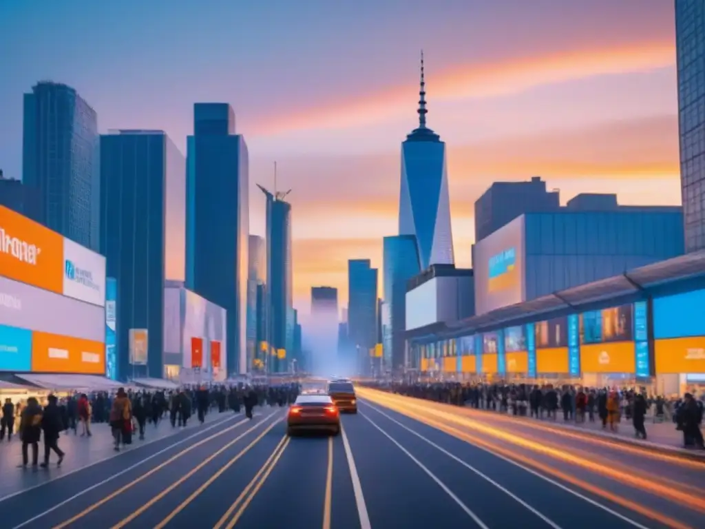 Horizonte urbano al atardecer: fusión en el mercado inmobiliario Un atardecer vibrante en la ciudad con rascacielos iluminados y una calle llena de personas, reflejando fusiones en el mercado inmobiliario