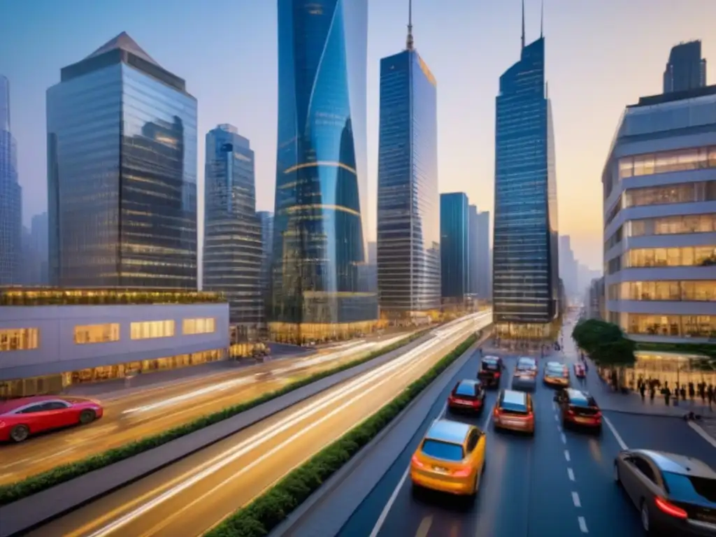 Atardecer vibrante en la ciudad: luces doradas y energía urbana Un atardecer vibrante en la ciudad, rascacielos iluminados por el sol reflejando energía urbana