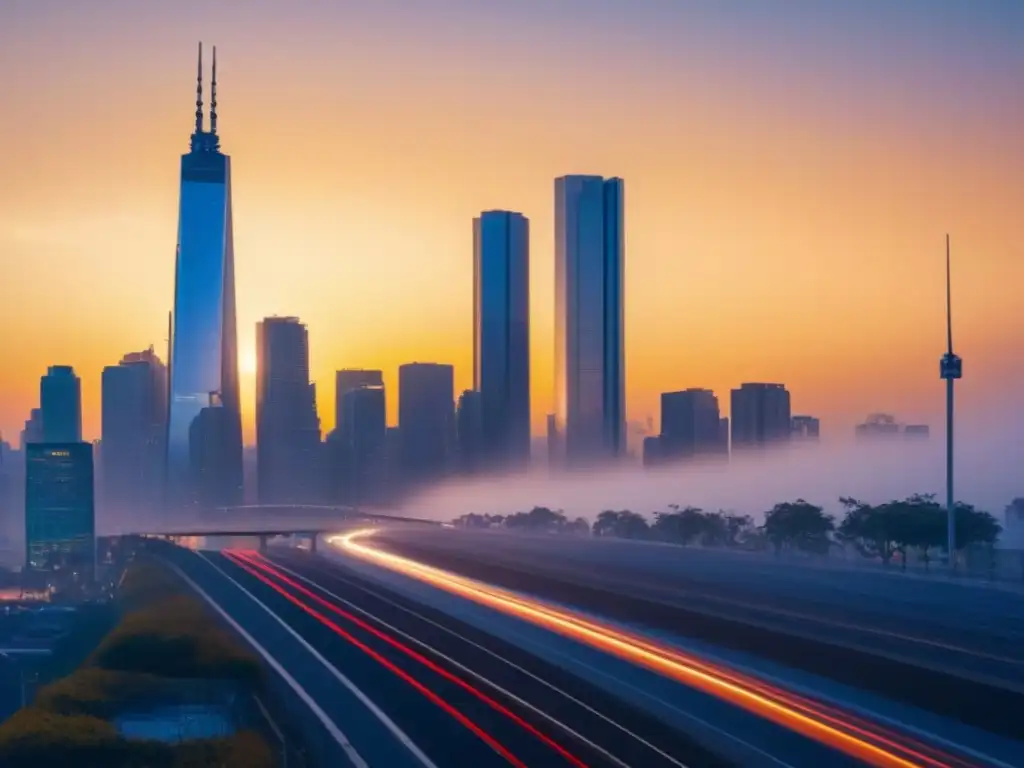 Vibrante ciudad al atardecer: skyline moderno y diversidad urbana Un atardecer vibrante en la ciudad con rascacielos modernos reflejando el sol
