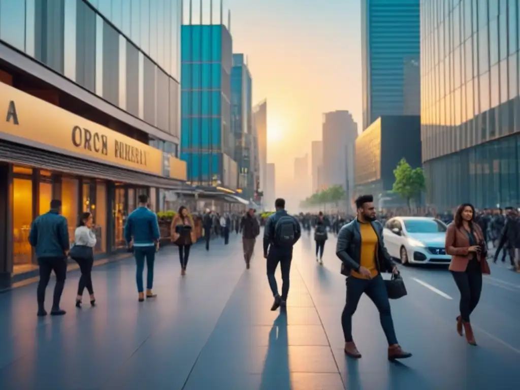 Horizonte urbano vibrante al atardecer: ciudad en pleno auge Un atardecer vibrante en la ciudad con rascacielos iluminados por el sol, reflejando energía de mercados locales potencial crecimiento