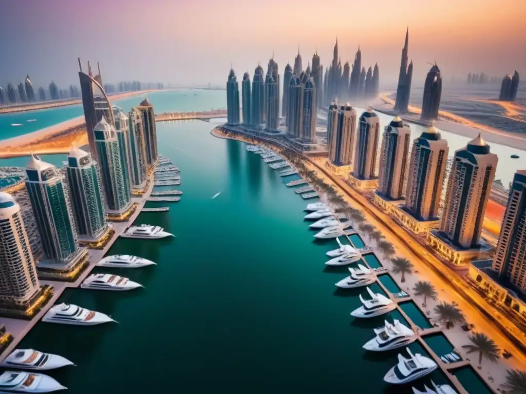 Marina de Dubai al atardecer: lujo y modernidad en un horizonte futurista Un atardecer vibrante en Dubai Marina, reflejando lujo y modernidad