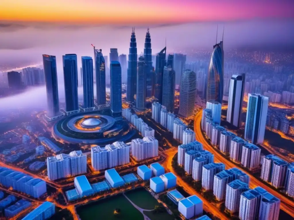 Invertir en propiedades icónicas: Atardecer vibrante en la ciudad Un atardecer vibrante ilumina propiedades icónicas en la ciudad