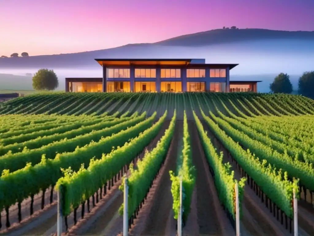 Viñedo moderno al atardecer: inversión serena y rentable Atardecer vibrante en viñedo moderno con bodega contemporánea, ideal para invertir en viñedos internacionales rentables
