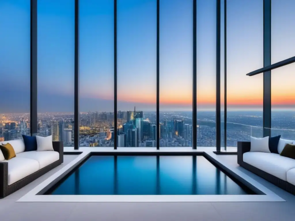Penthouse de lujo con piscina infinita y vistas urbanas Ático de lujo con vista a la ciudad, piscina infinity y decoración elegante