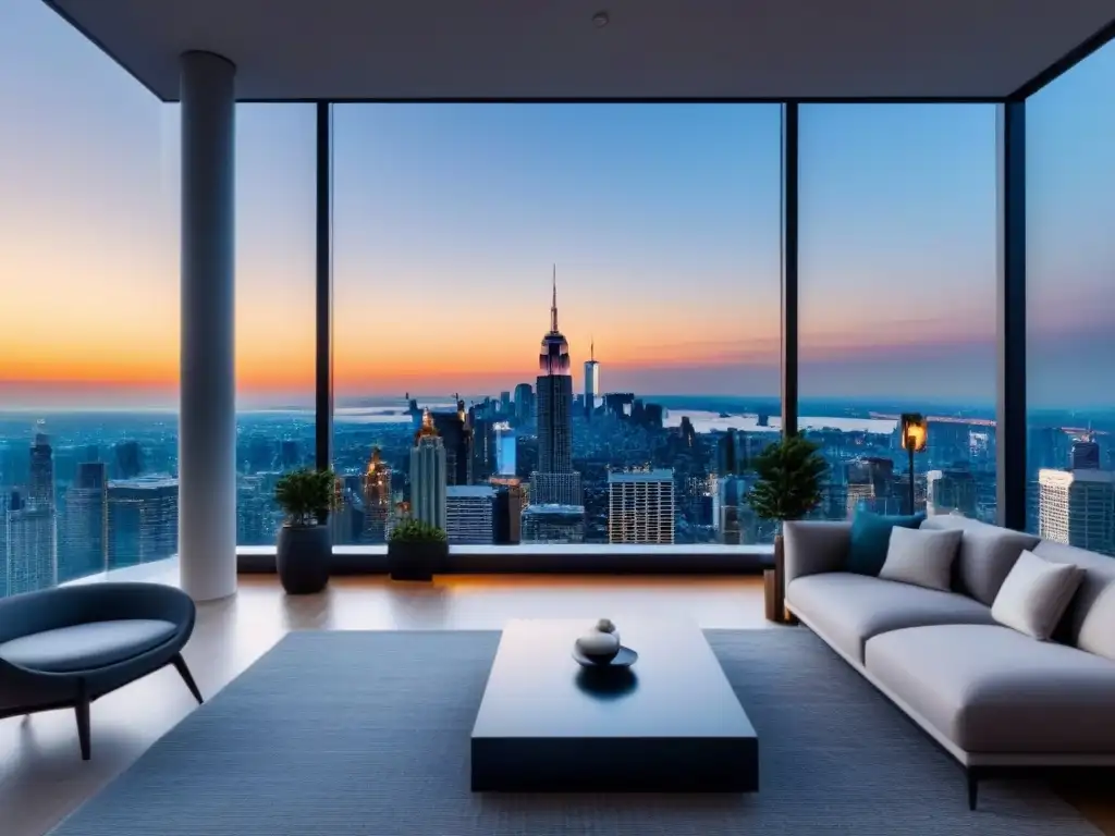 Penthouse de lujo con vistas a la ciudad: elegancia y modernidad Ático de lujo con vista urbana, decoración contemporánea y terraza panorámica