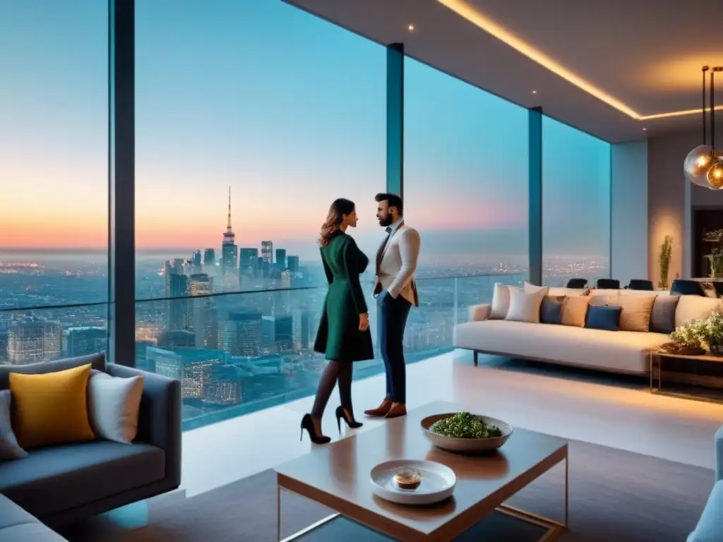 Penthouse de lujo con vistas panorámicas al atardecer Ático de lujo con vistas urbanas al atardecer, decorado elegantemente
