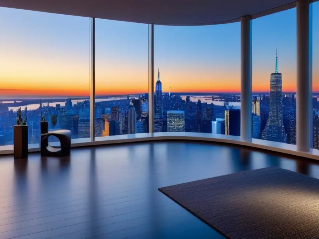 Penthouse de lujo en Nueva York al atardecer Ático lujoso en Nueva York al atardecer, con diseño elegante y vistas panorámicas, reflejando el impacto Brexit mercado inmobiliario Norteamérica