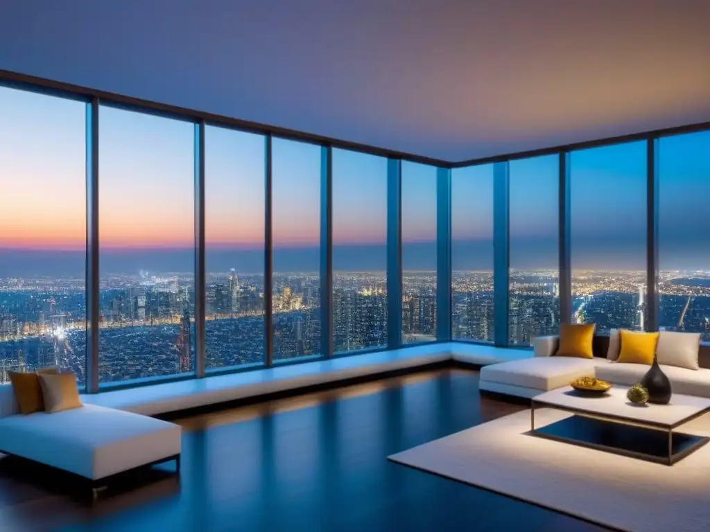 Penthouse de lujo con vista nocturna de la ciudad Ático moderno de lujo con vista nocturna de la ciudad y diseño interior elegante, ideal para inversionistas globales en bienes raíces