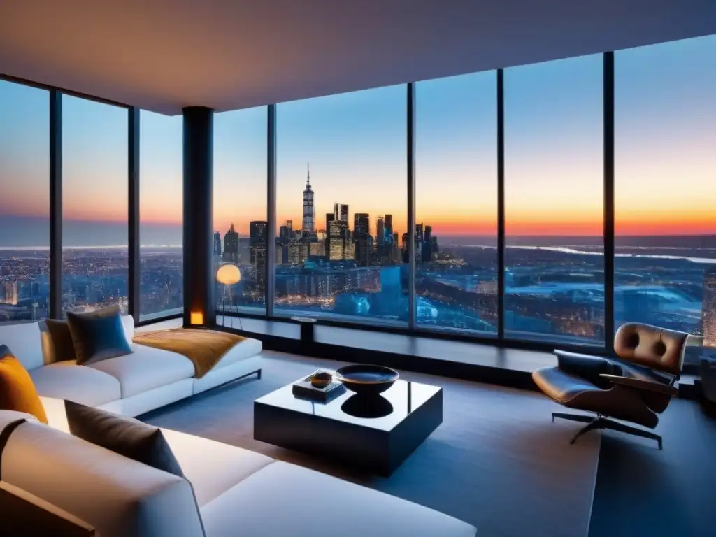 Ático moderno de lujo con vistas a la ciudad al atardecer