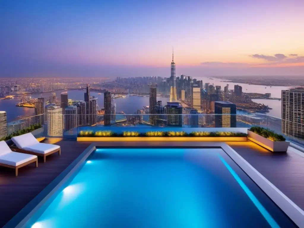 Penthouse de lujo en la ciudad: sofisticación y exclusividad Invertir en áticos de lujo: Un penthouse ultramoderno con piscina infinita en la azotea, rodeado de la ciudad al anochecer