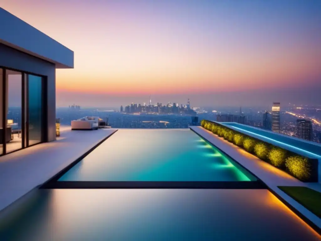 Penthouse de lujo con piscina infinita en la azotea al atardecer Invertir en áticos de lujo: Terraza con piscina infinita en penthouse al atardecer con vistas a la ciudad