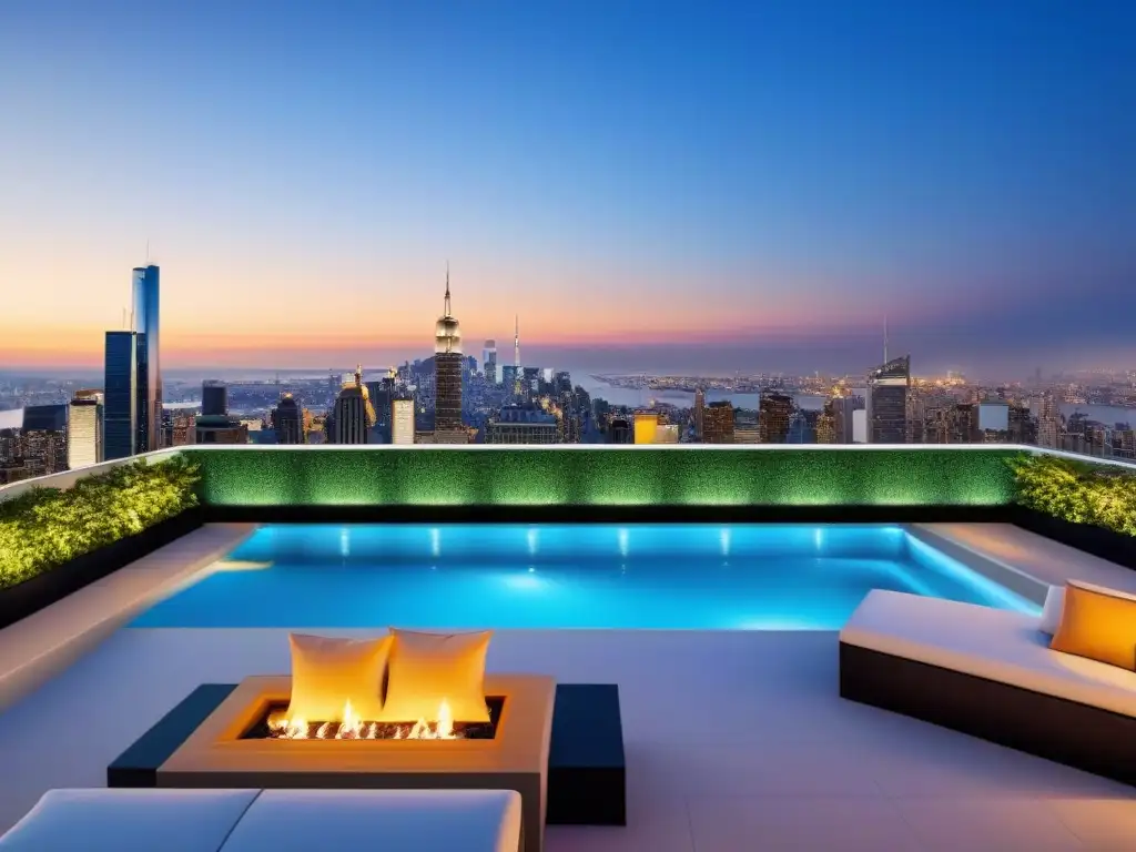 Terraza de lujo con piscina infinita en penthouse al atardecer Invierte en áticos de lujo: terraza con piscina infinita al anochecer, diseño elegante y vistas panorámicas de la ciudad