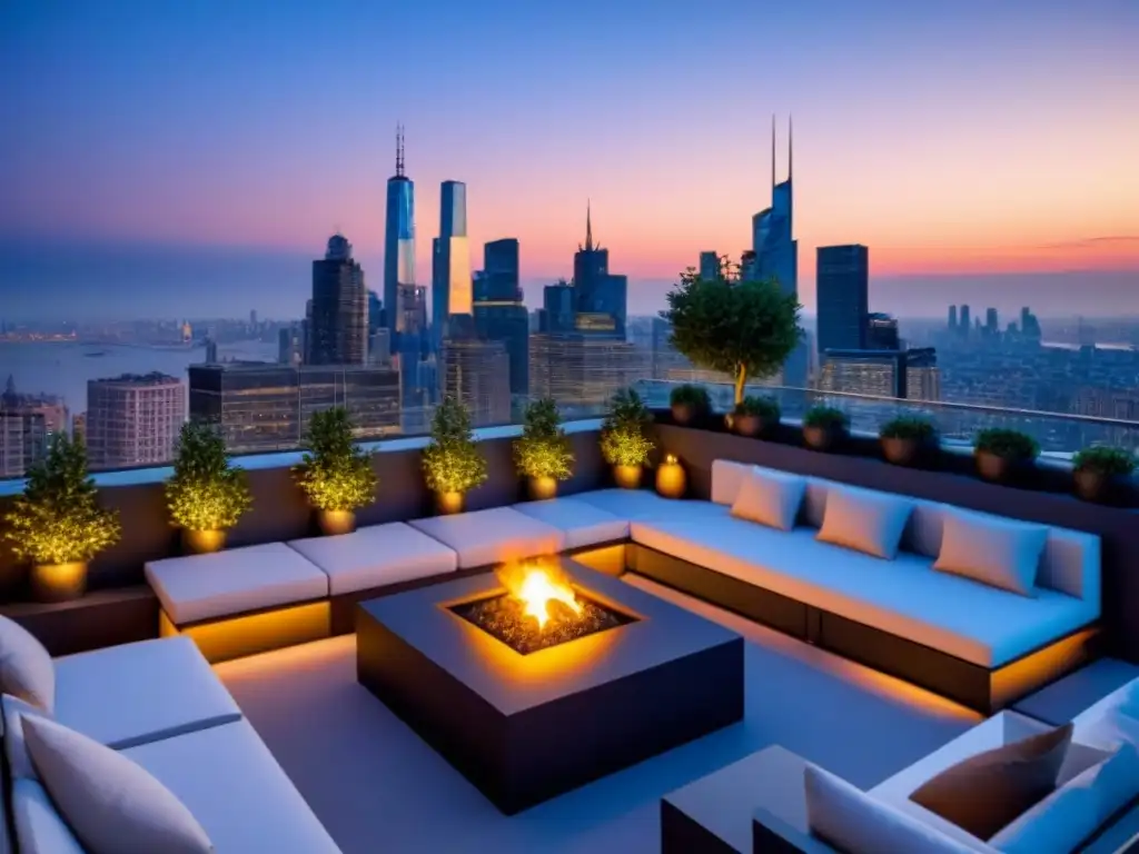 Terraza de lujo al anochecer: exclusividad y sofisticación Invertir en áticos de lujo: Terraza elegante al anochecer con mobiliario contemporáneo, iluminación ambiental y skyline urbano de fondo