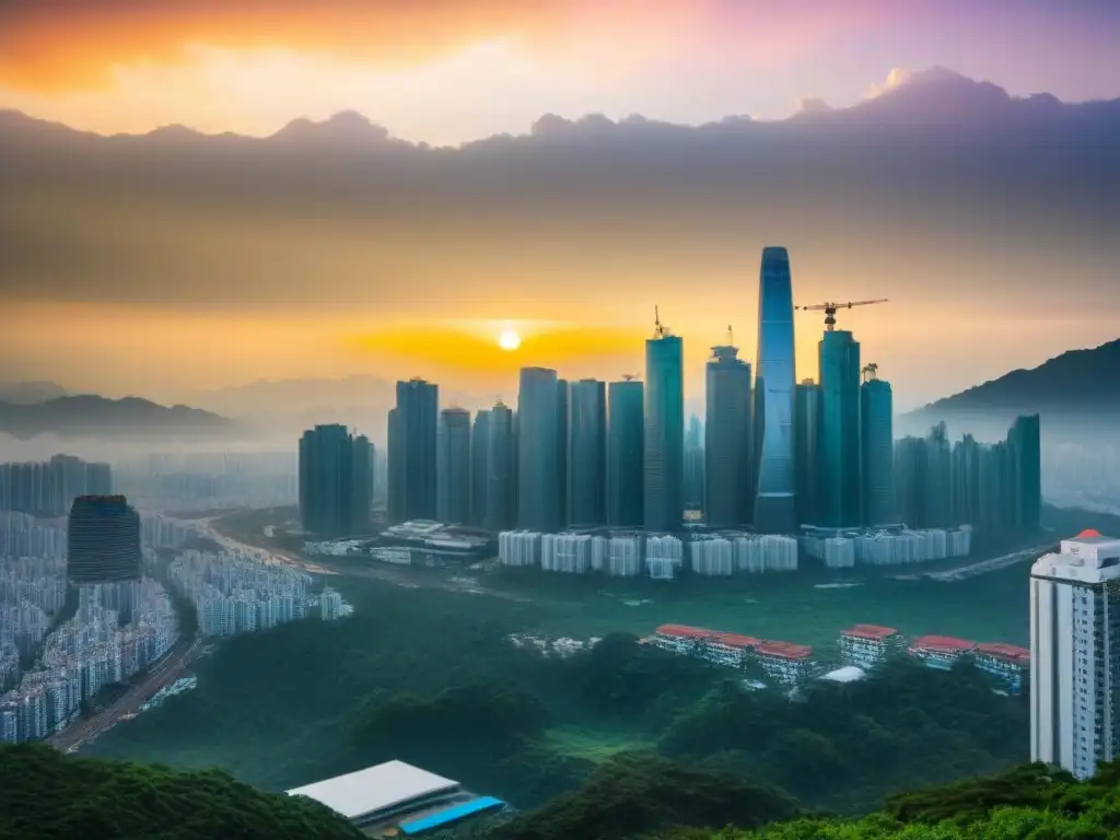 Metrópolis de Asia: Lujo y Naturaleza en Armonía Atmósfera dorada en mercado inmobiliario de lujo emergente en Asia, con rascacielos innovadores y naturaleza exuberante
