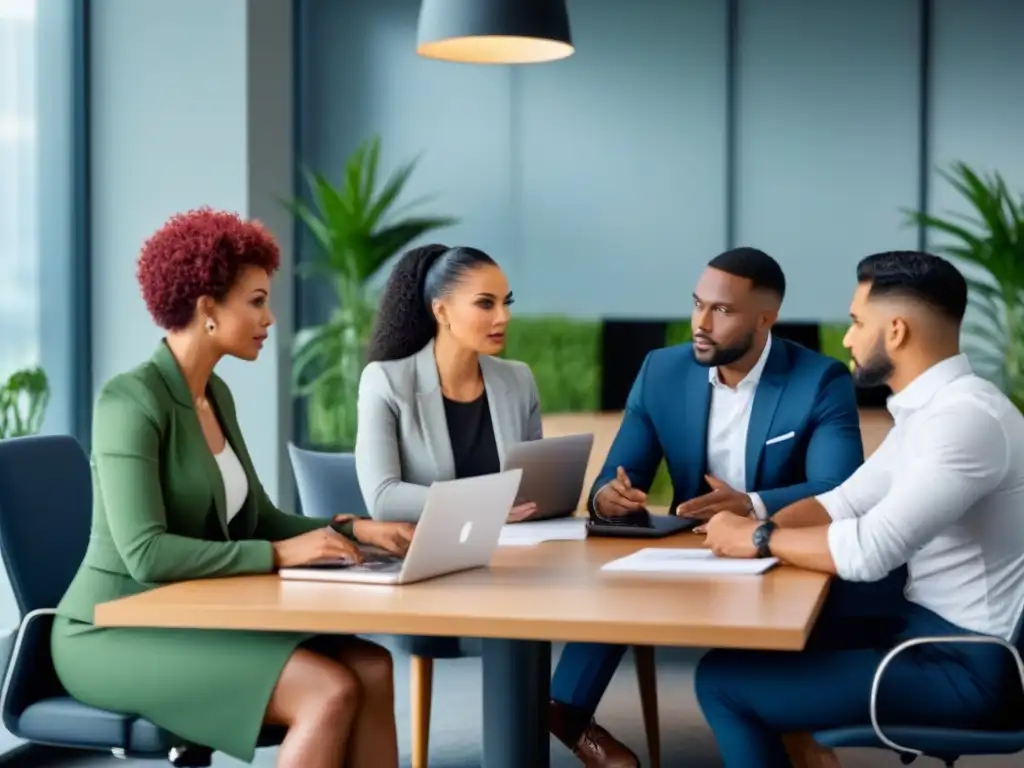 Reunión de negocios en oficina moderna: Profesionales enfocados en el éxito Una atmósfera profesional y colaborativa en una oficina moderna, con ejecutivos discutiendo