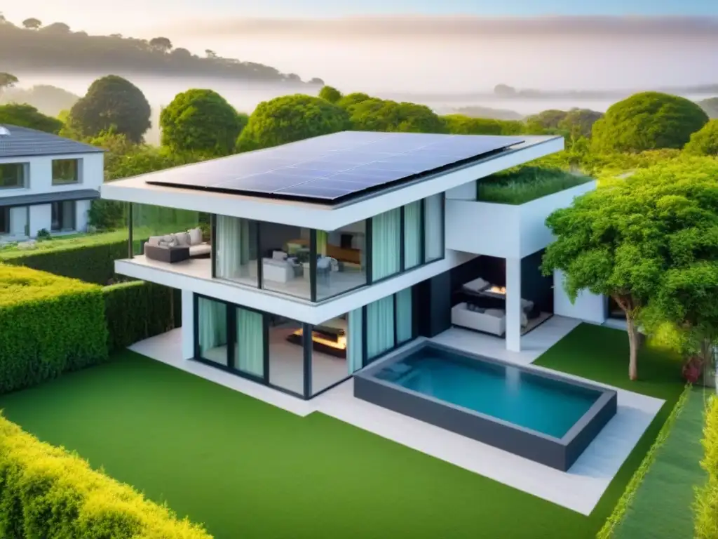 Casa ecoeficiente con paneles solares y aislamiento térmico Atractiva vista aérea de casa moderna con aislamiento térmico avanzado, paneles solares y vegetación