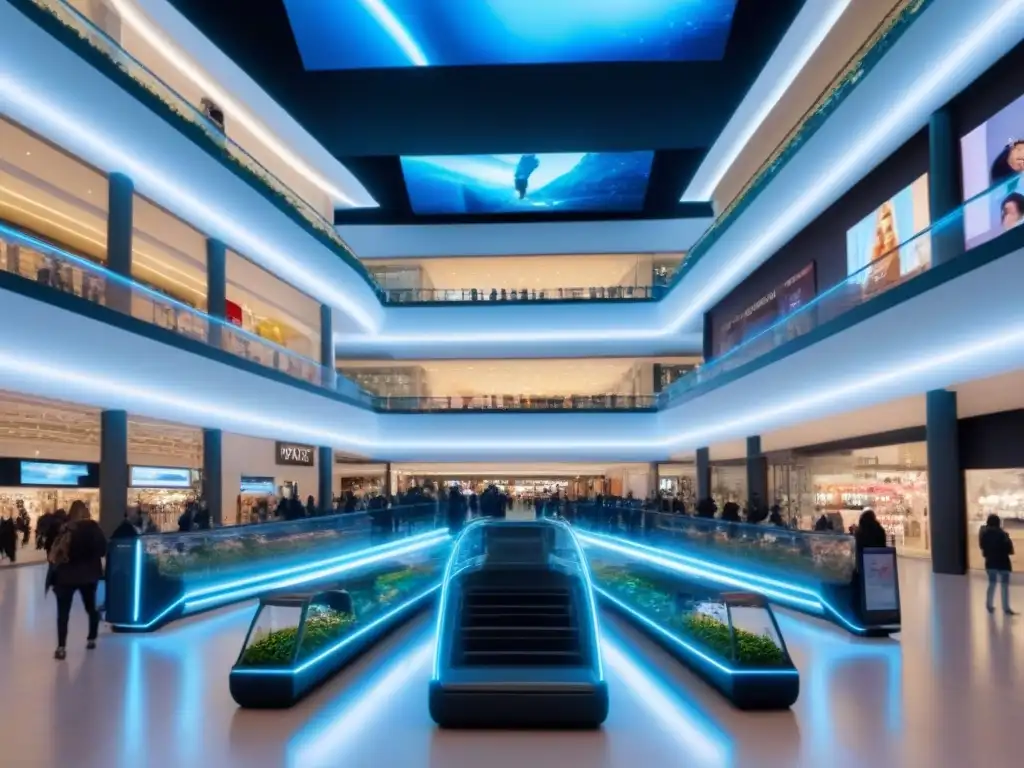 Centro comercial futurista con hologramas y carritos inteligentes Un atrio futurista en un bullicioso centro comercial lleno de tecnología, pantallas holográficas y ofertas personalizadas