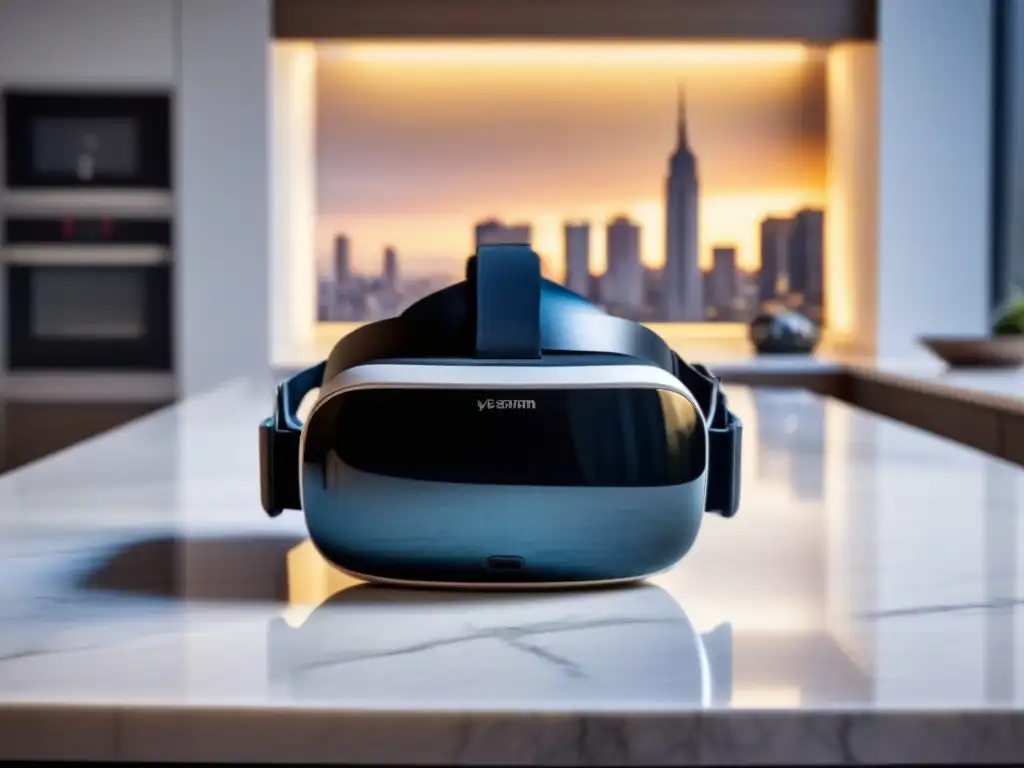 Realidad virtual: Inversión inmobiliaria futurista Un audaz headset de realidad virtual refleja una ciudad futurista en una encimera de mármol