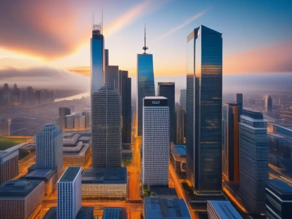 Cityscape moderno al atardecer: vibrante distrito comercial en 8k Aumento primas seguros propiedades comerciales en vibrante ciudad moderna al atardecer
