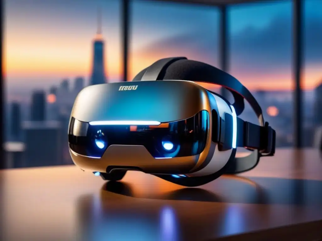Realidad virtual: tecnología avanzada para inversiones inmobiliarias Un auricular de realidad virtual de diseño elegante en un escritorio de oficina contemporáneo, iluminado por una luz ambiental suave