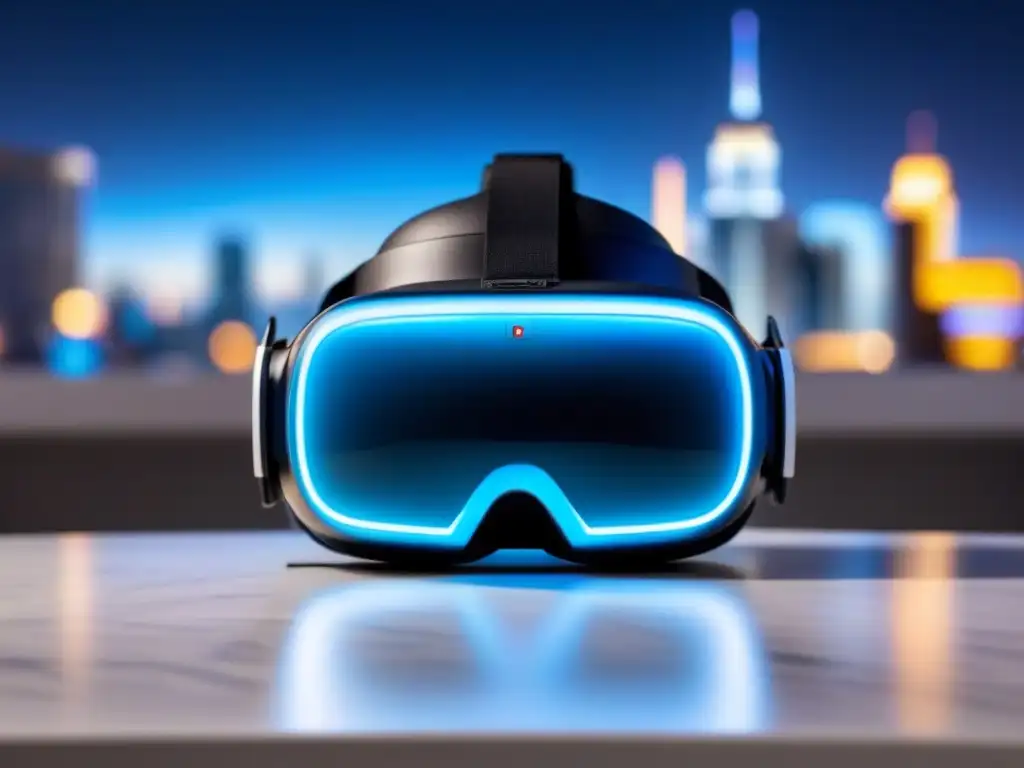 Headset de realidad virtual futurista en mármol blanco Un auricular de realidad virtual futurista en una mesa de mármol blanco, con diseño de circuitos brillantes